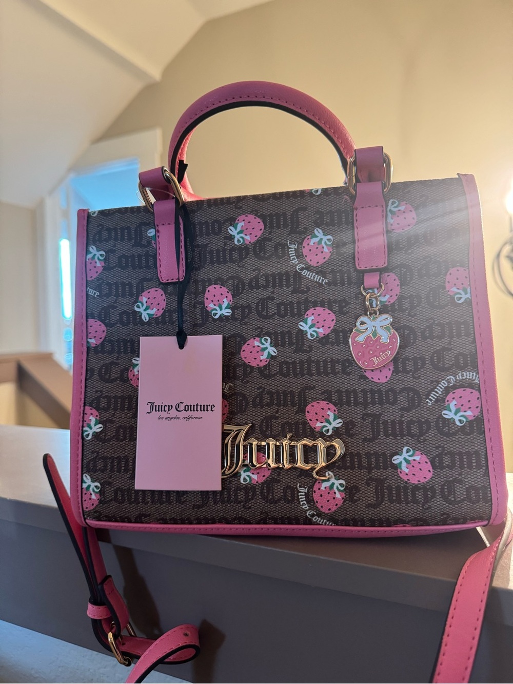 Juicy Couture Brown Logo Strawberry Print Satchel with Pink Trim